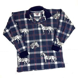 Vintage Blue Plaid Equestrian Horse Print Polo Long Sleeve
